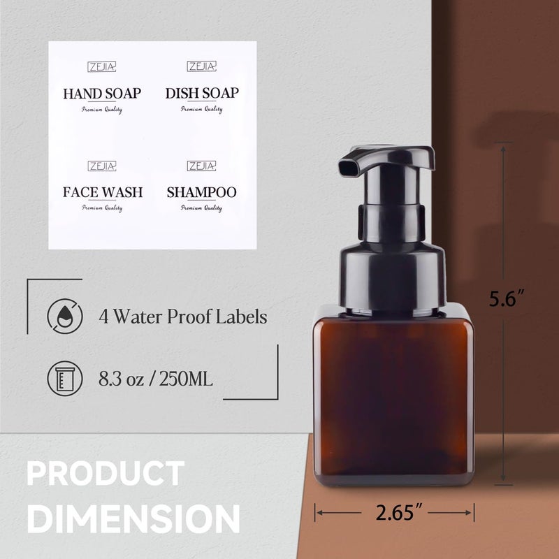 ZEJIA 250ML Foaming Soap Dispenser, 2-Pack Plastic Hand Soap Dispenser, Refillable Leakproof Foam Pump Bottle with Waterproof Labels, for Shampoo, Body Wash - Image 2